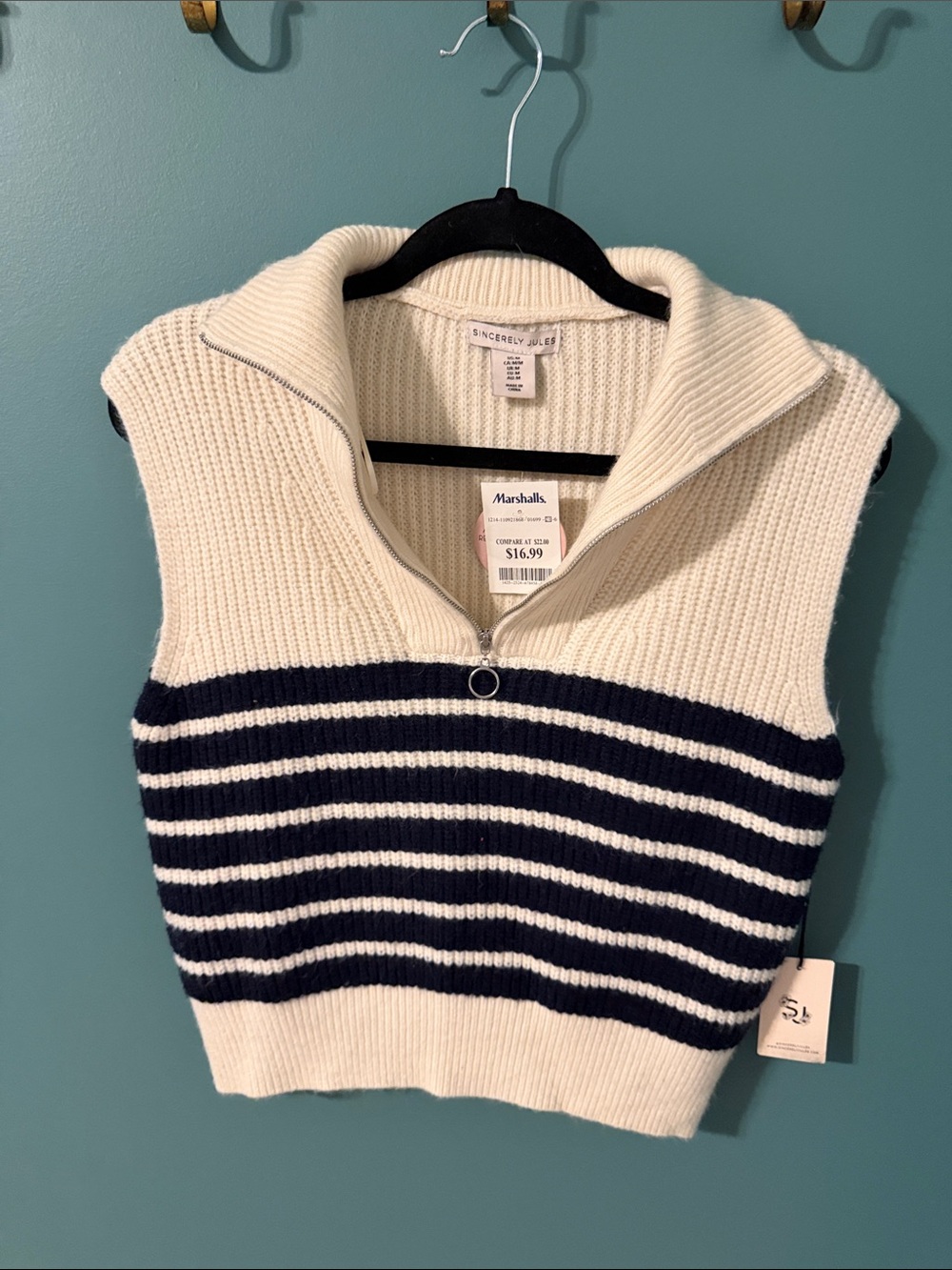 Sincerly Jules Cream and Navy Striped Sleeveless Zip Sweater